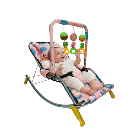 كرسي هزاز للأطفال، كرسي راحة وهزاز للرضع مع ألعاب معلقة ومقعد مبطن مريح – بينك