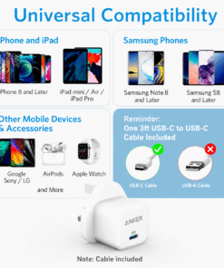 عرض Anker Power Port Nano-20W + كابل شاحن USB متعدد 15 سم، شحن سريع 3 في 1 (Lightning, Type-C & Micro USB)